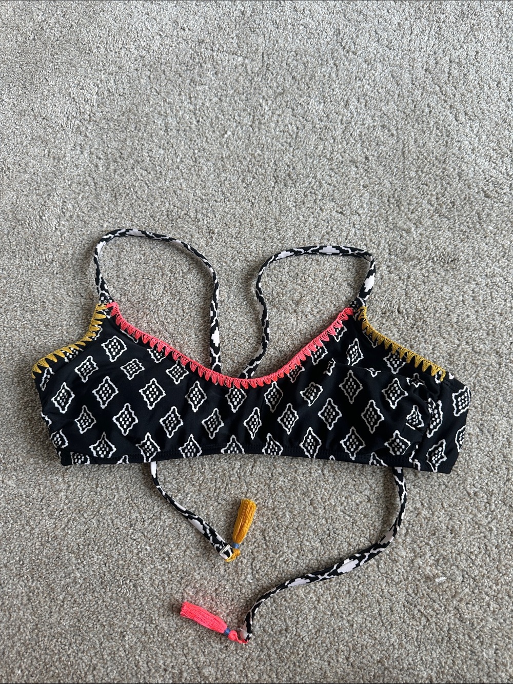 Xhilaration Black Printed Swim Top with Pink and Mustard Trim